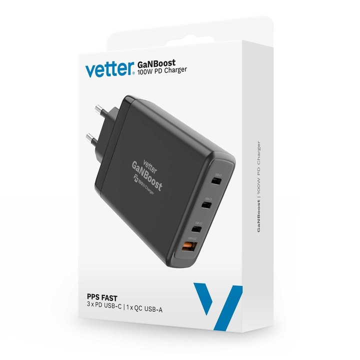 Vetter GaNBoost töltő 3xUSB-C / 1xUSB A 100W fekete