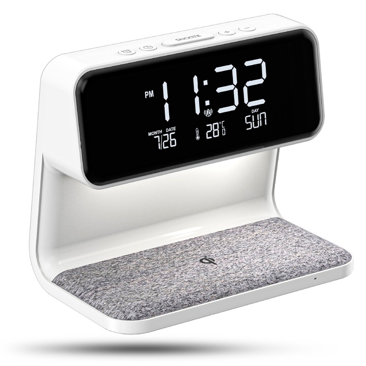 Безжично зарядно устройство Timebox, бързо зареждане 10W, с цифров часовник и аларма, с топла светлина за събуждане, съвместимо с iPhone, Samsung, Huawei, бяло