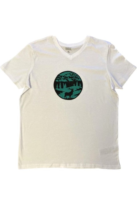 Férfi póló, fehér, kézzel festett, absztrakt szarvas mintás, XL-es méret, 100% pamut