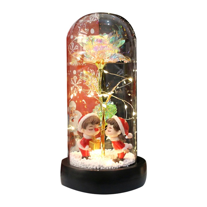 Trandafir artificial in cupola de sticla cu lumina LED multicolor 15x25cm decorativ