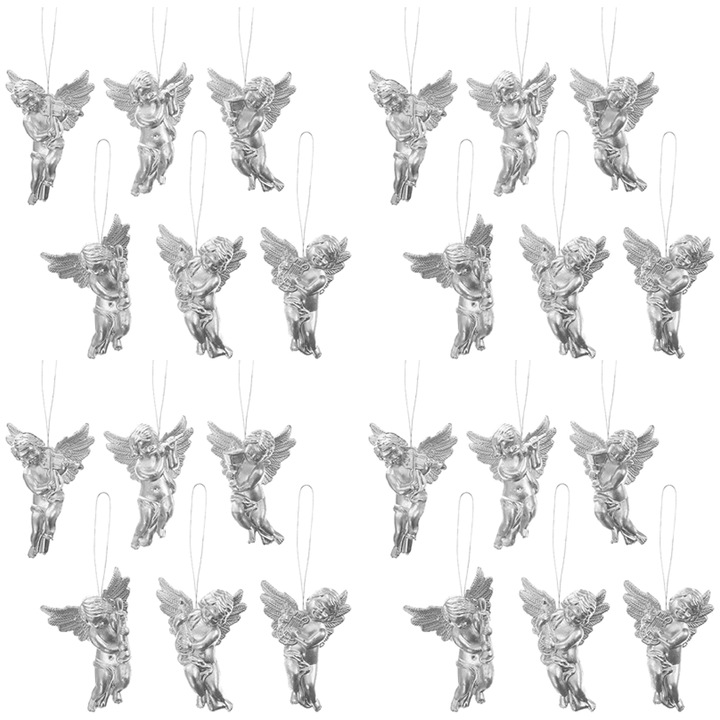 Decoratiune de Craciun, Inger Miniatural, Argintie, Set de Ornamente pentru Brad