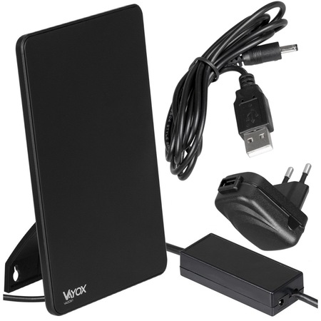 Antena TV camera VA0091 Vayox, pentru televiziune terestra DVB-T/DVB-T2, Cu amplificator, interioara, VHF, UHF, FULL HD, 4K, filtru LTE 4G, Cablu 2m, 5V, Negru