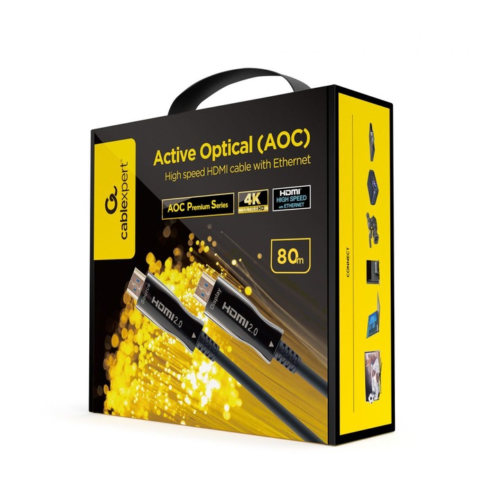 Cablu HDMI de mare viteza AOC, CABLEXPERT, model CCBP-HDMI-AOC-80M-02 optic activ cu Ethernet AOC Seria Premium, 80 m, negru