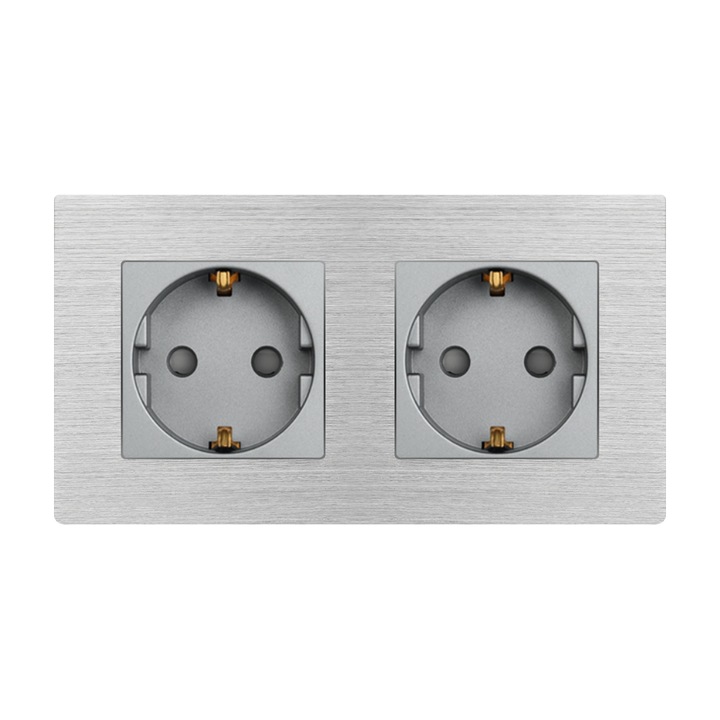 Priza dubla Luxion LX-2MP010A-GY, cu protectie copii/termica/contact/suprasarcina, 16A, IP45, rama din aluminiu, Gri