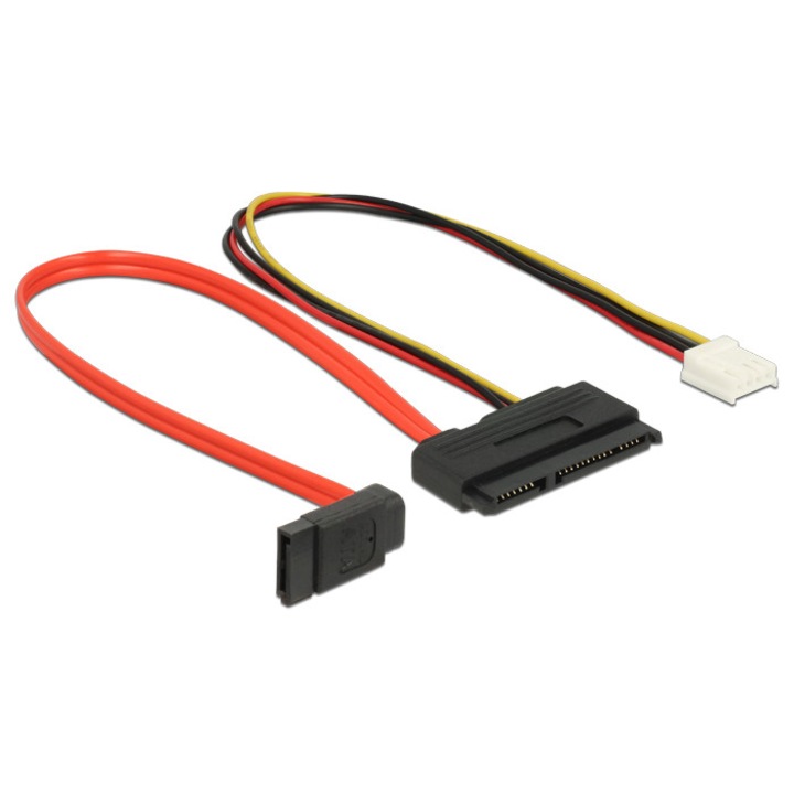 Cablu DeLock SATA 6Gb/s 7pin receptacul+Floppy 4pin mufa de alimentare(5V+12V)>SATA22pin receptacle drept, cablu