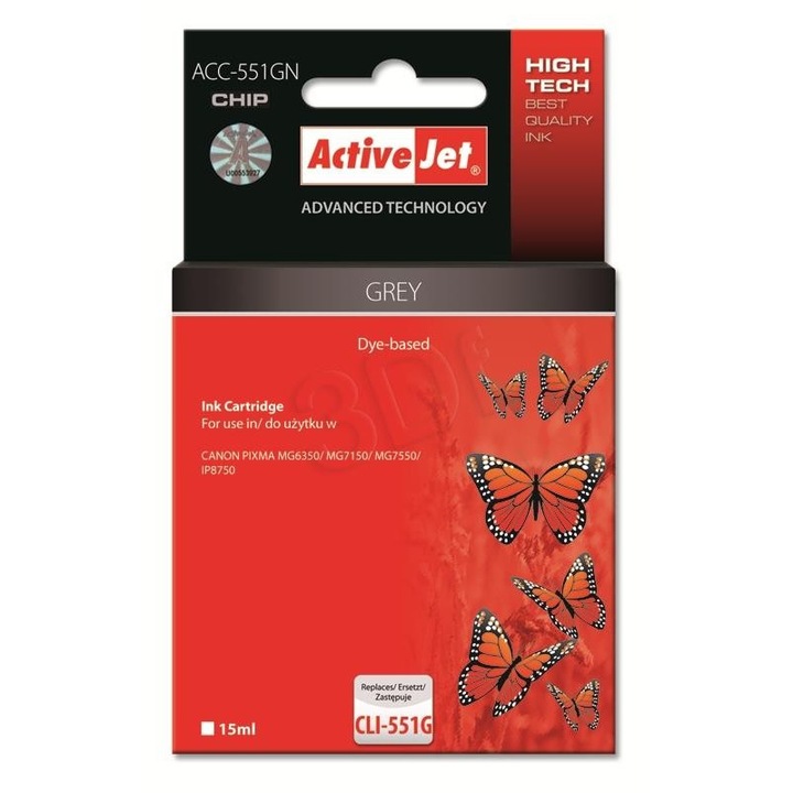 Cartus pentru imprimanta, ActiveJet, Compatibil cu Canon CLI-551G, 15 ml, Gri