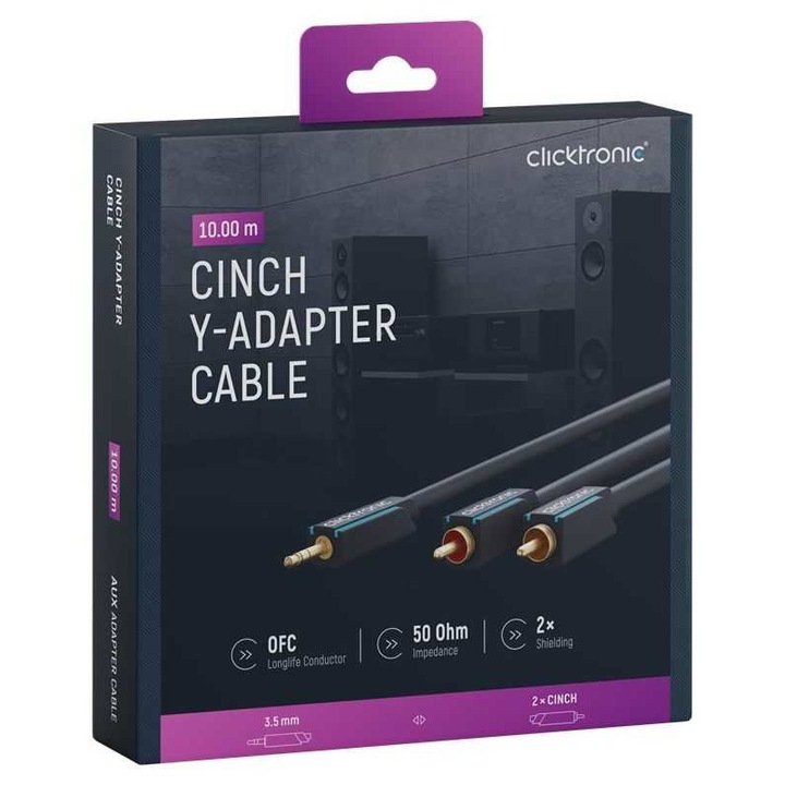 Cablu audio Profesional Jack 3.5 mm - 2x RCA 10m 50ohm OFC cupru dublu ecaranat fara oxigen AWG23 Clicktronic 70471