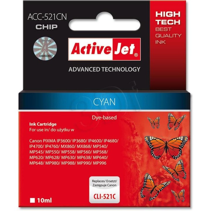 Cartus imprimanta, Activejet, Compatibil cu ACC-521CN, Canon CLI-521C, Supreme, 10 ml, Albastru