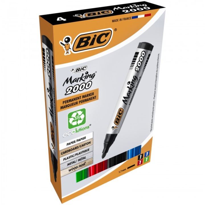 Set 4 Markere Permanente Bic, Varf Rotund, Multicolor, 21x85x140mm