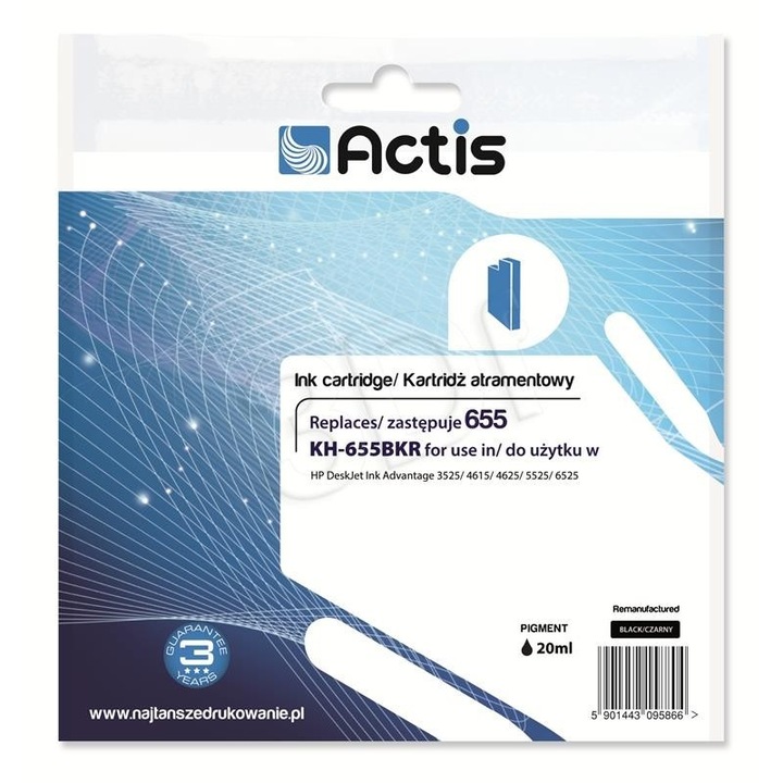 ACTIS KH-655BKR tinta (csere a HP 655 CZ109AE-hez; Standard; 20 ml; fekete)