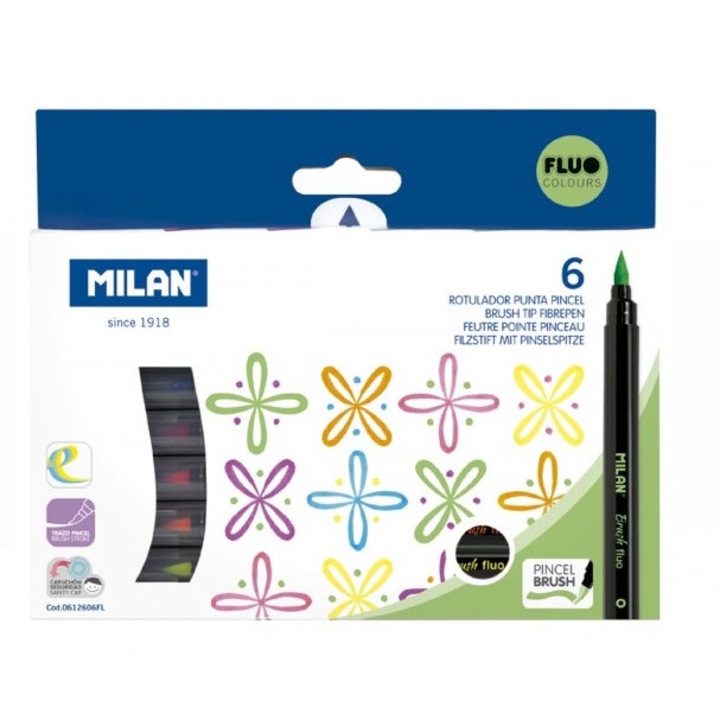Флуоресцентни маркери Milan Brush, 6 цвята, Многоцветен