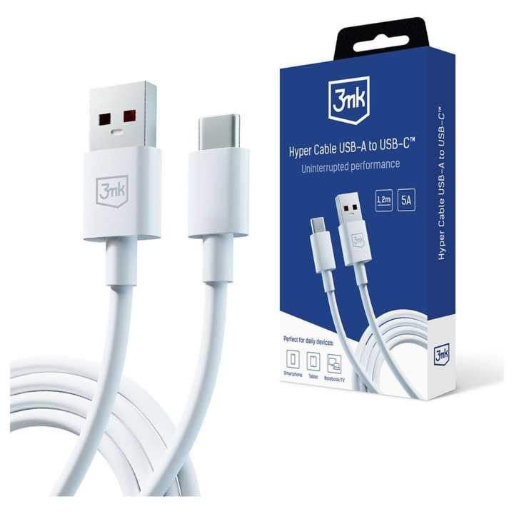 Adat- és töltőkábel, 3MK, USB-A/USB-C, 60 W, 5A, 1,2 m, fehér