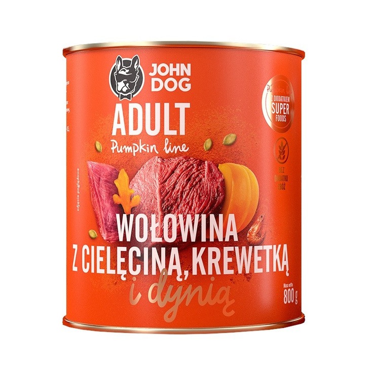 Hrana umeda caini 6 conserve, John dog, Adult, Aroma vita/creveti/dovleac, 800g