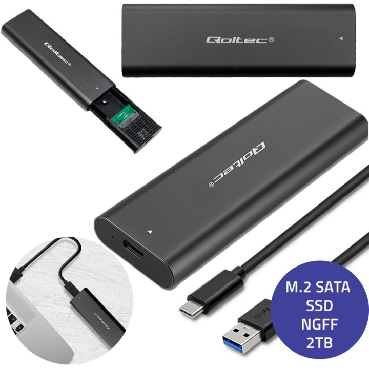 Hard disk extern, Qoltec, USB Type C, SSD, Negru