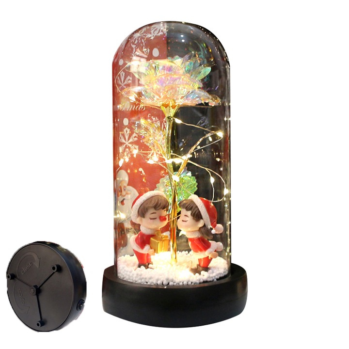 Trandafir artificial, cutie muzicala rotativa, lumina LED multicolor, cupola sticla, 20x15cm