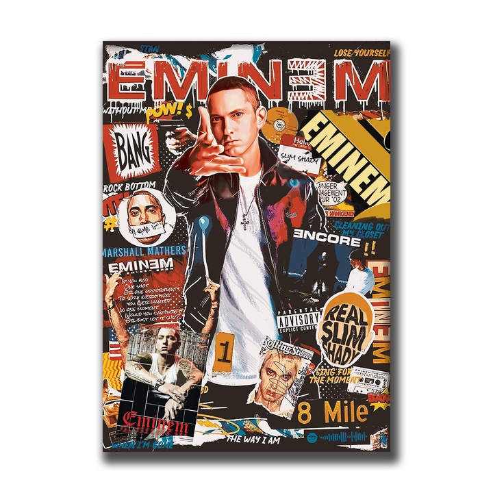 Картина на платно, LuxCanva B1003, Eminem 70 X 100 CM, 100% памучно платно 400g/m2, дървена рамка, декоративна, музика, звезди, хип-хоп, живи цветове
