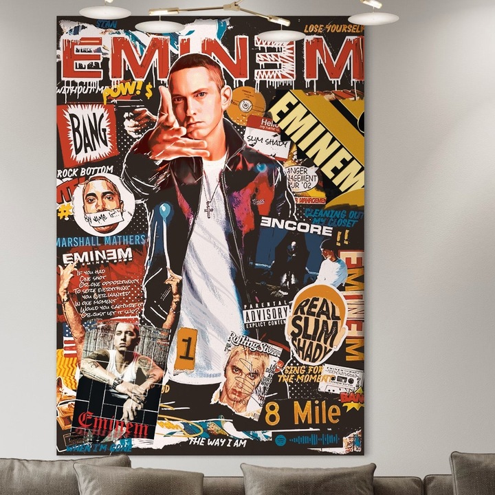Tablou Canvas Premium, LuxCanva® B1003, Eminem 50 X 70 CM, Panza Bumbac 100% 400g/m2, Sasiu Lemn, Decorativ, Muzica, Vedete, Hip-Hop, Culori Vibrante