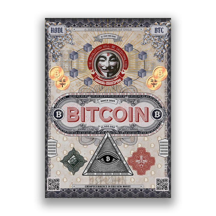 Първокласна картина на платно, LuxCanva® A1028, биткойн, 35 X 50 CM, 100% памучно платно 400g/m2, дървена рамка, декоративна, криптовалута, BTC, мотивираща, живи цветове