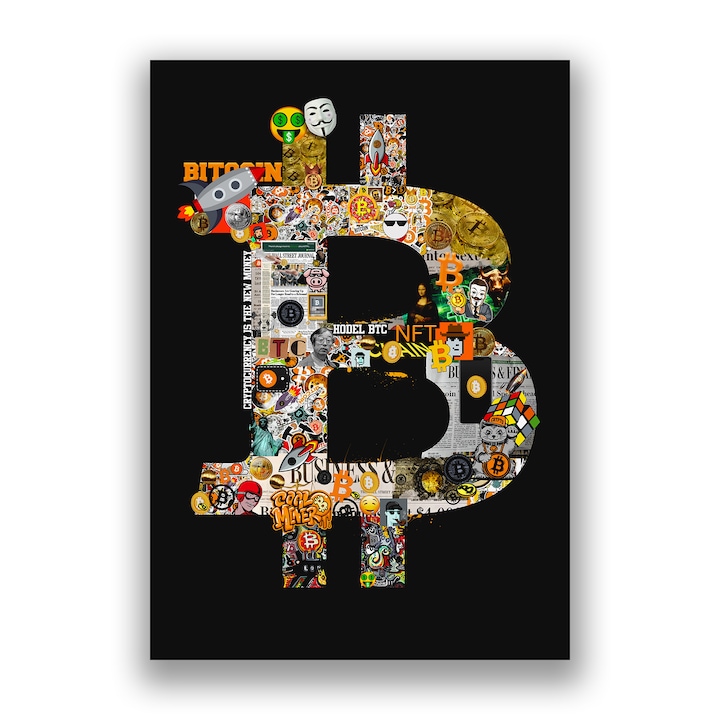 Картина на платно, LuxCanva® A1029, биткойн, 35 X 50 см, 100% памучно платно 400g/m2, дървена рамка, декоративна, криптовалута, BTC, мотивираща, живи цветове