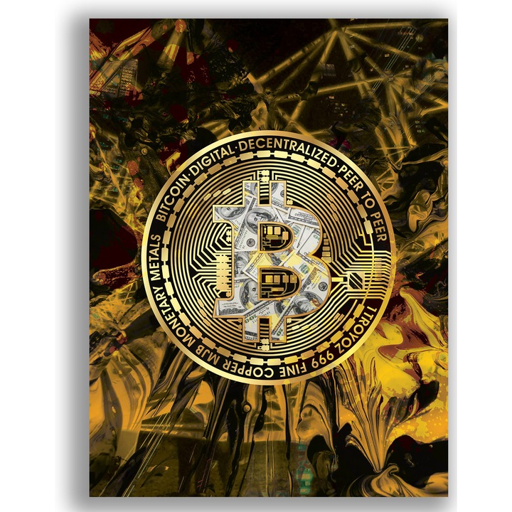 Първокласна картина на платно, LuxCanva® A1032, биткойн, 50 X 70 CM, 100% памучно платно 400g/m2, дървена рамка, декоративна, криптовалута, BTC, виртуална валута, мотивация, живи цветове