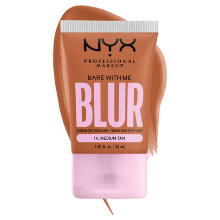 Közepes fedésű alapozó, NYX Professional Makeup Bare With Me Blur Tint alapozó, 14 közepes barnaság, 30 ml