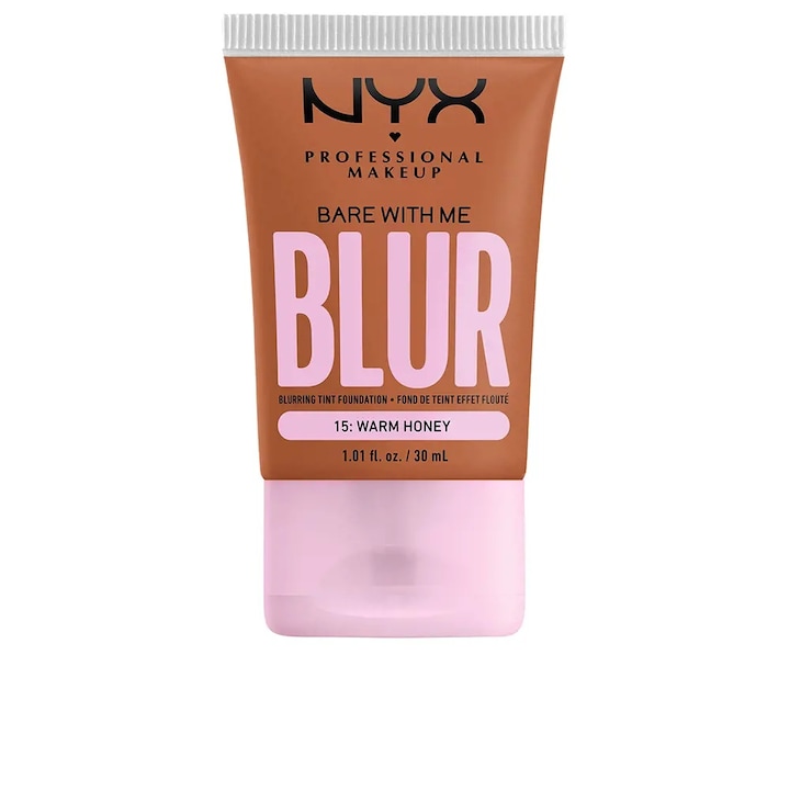 Közepes fedésű alapozó, NYX Professional Makeup Bare With Me Blur Tint alapozó, 15-ös meleg méz, 30 ml