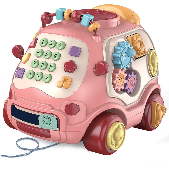 Jucarie Interactiva pentru Copii Mavio®️, Telefon Educativ Tip Autobuz Muzical, cu Sunete Diverse, Jocuri, Roz