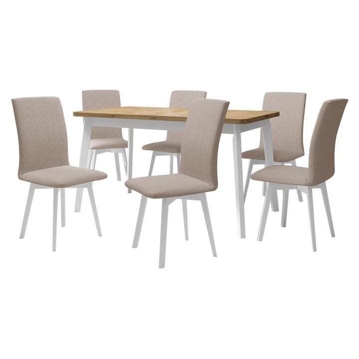 Set mobila bucatarie AL024, Masa extensibila Harry 80 x 140/180 VI cu 6x Scaun Tokir II, MIRJAN 24, stejar artisan / alb / bej
