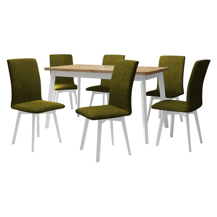 Set mobila bucatarie AL024, Masa extensibila Harry 80 x 140/180 VI cu 6x Scaun Tokir II, MIRJAN24, stejar artisan / alb / verde