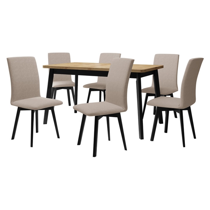 Set mobila bucatarie AL024, Masa extensibila Harry 80 x 140/180 VI cu 6x Scaun Tokir II, MIRJAN 24, stejar artisan / negru / bej