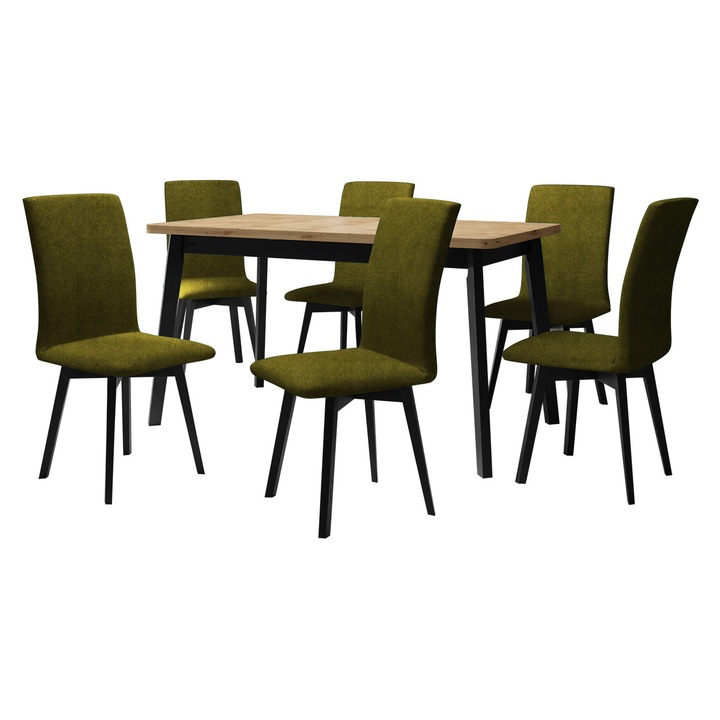 Set mobila bucatarie AL024, Masa extensibila Harry 80 x 140/180 VI cu 6x Scaun Tokir II, MIRJAN 24, stejar artisan / negru / verde