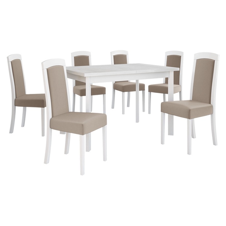 Set mobila bucatarie AL026, Masa extensibila Eliot 80 x 120/150 V P cu 6x Scaun tapitat Heven VII, MIRJAN24, alb / bej