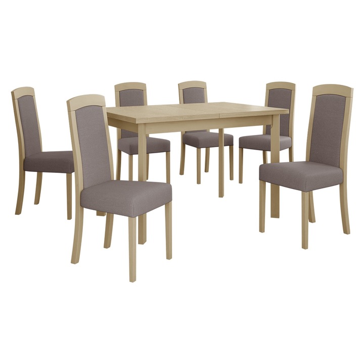 Set mobila bucatarie AL026, Masa extensibila Eliot 80 x 120/150 V P cu 6x Scaun tapitat Heven VII, MIRJAN24, sonoma / maro