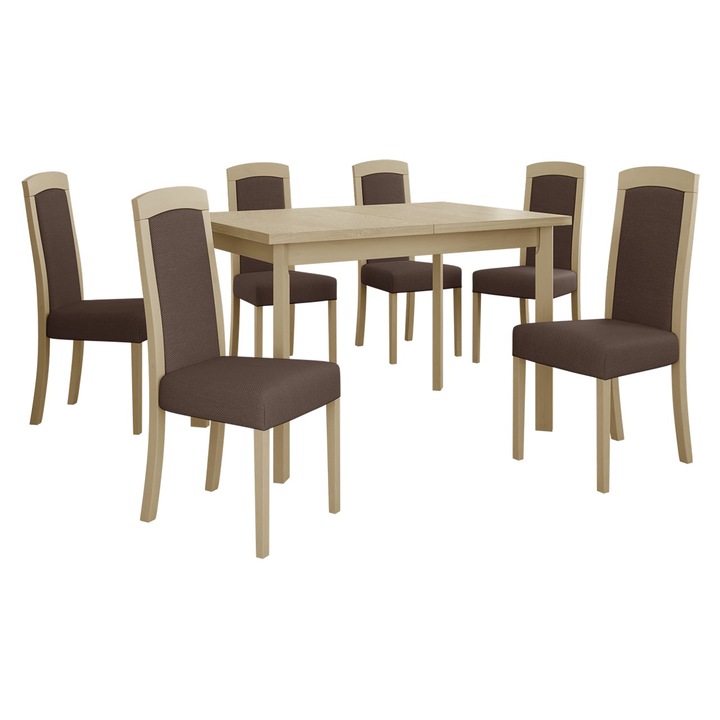 Set mobila bucatarie AL026, Masa extensibila Eliot 80 x 120/150 V P cu 6x Scaun tapitat Heven VII, MIRJAN24, sonoma / maro inchis