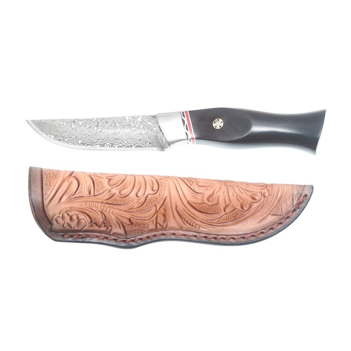 Cutit Vanator, cu teaca piele in relief 360grade, Lama DAMASC de 9.5cm, Tole 10 Imperial 32674