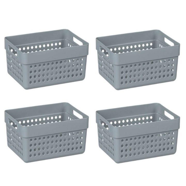 Set 4 cosuri de depozitare din plastic perforat cu manere, gri, 4 x 1, 25 litri, 15x12x8cm