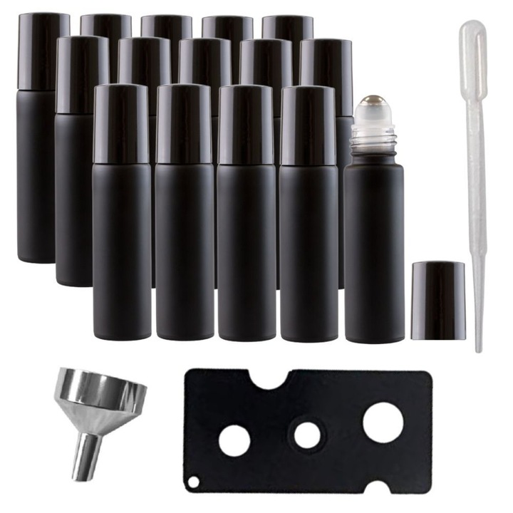 Комплект от 15 ролкови стъклени козметични контейнера 10 ml DROPY, включително отварачка, фуния и пипети, за етерични масла, парфюми, дебело стъкло, Black Edition