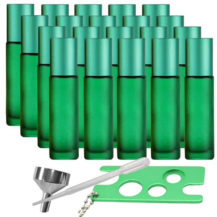Set 20 recipiente cosmetice sticlute roll-on 5 ml DROPY®, inclus desfacator si palnie, pentru uleiuri esentiale, parfumuri, sticla groasa matuita, verde