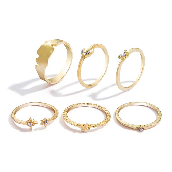 Set 6 inele, Sunmostar, Metal/Cristal, Auriu