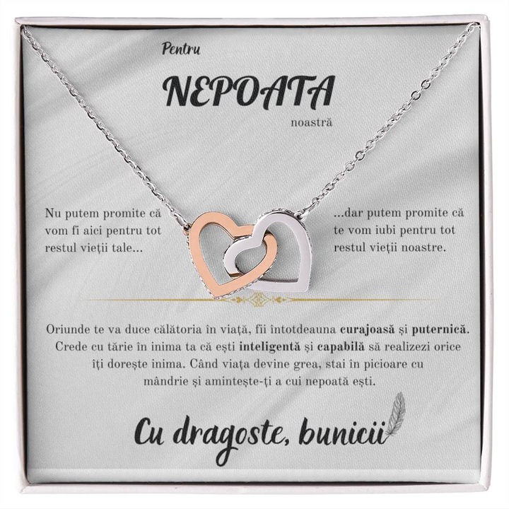 Set Colier Argint 925 Cu Pandant Inimi Interconectate Placat Cu Aur Alb 14K, JOYSTOS, Si Card Foto Cu Mesaj Pentru Nepoata "Fii intotdeauna curajoasa si puternica. Cu dragoste bunicii"