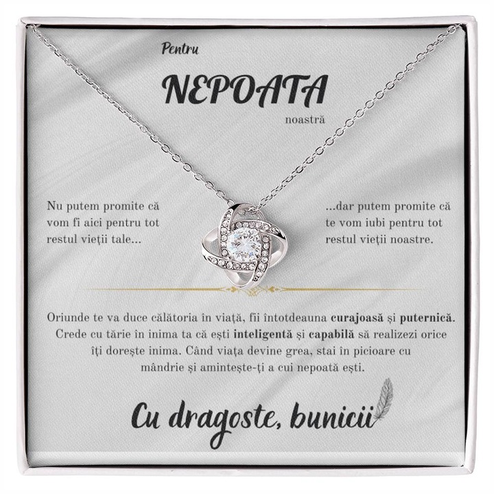 Set Colier Argint 925 Cu Pandant Nodul Iubirii Placat Cu Aur Alb 14K, JOYSTOS, Si Card Foto Cu Mesaj Pentru Nepoata "Fii intotdeauna curajoasa si puternica. Cu dragoste bunicii"