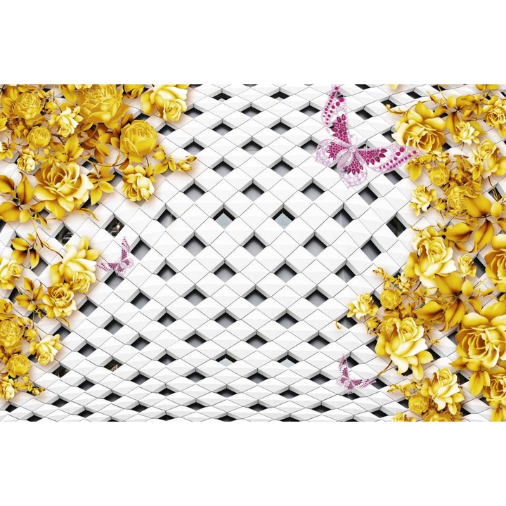 Fototapet PVC, Model Abstract 3D Cu Flori Aurii, 100x160 cm