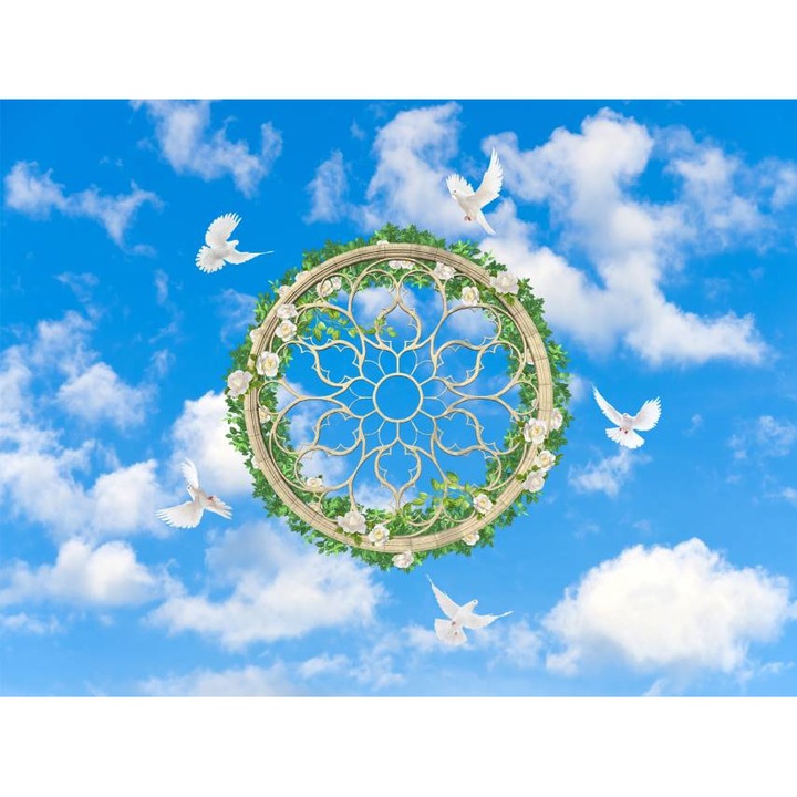 Tablou Canvas, Model Floral Pe Cerul Cu Porumbei - 40 x 30 cm