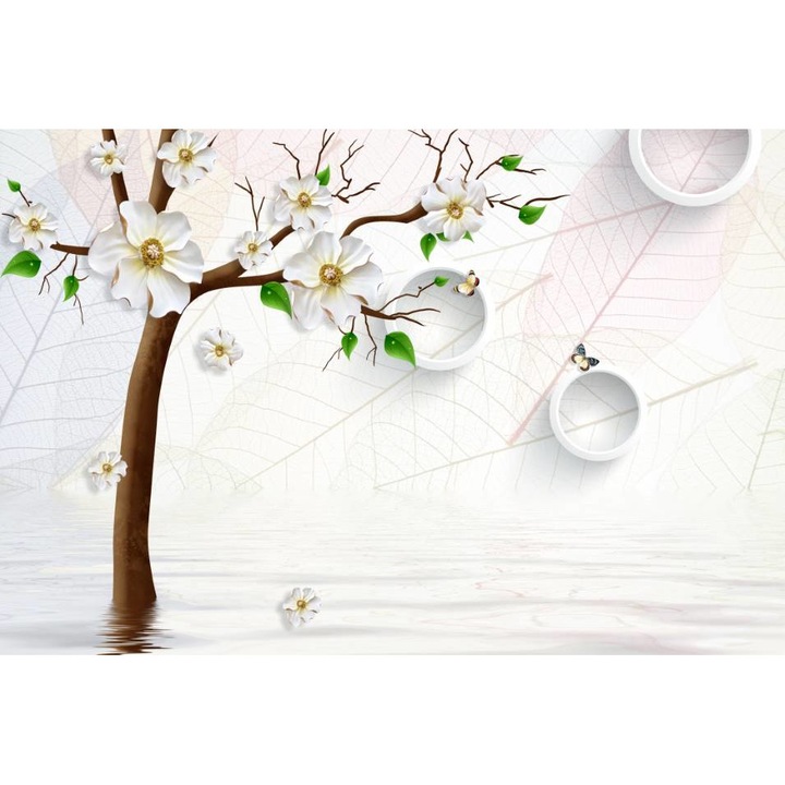 Fototapet PVC, Copacel Cu Flori Albe Si Cercuri 3D, 120x200 cm