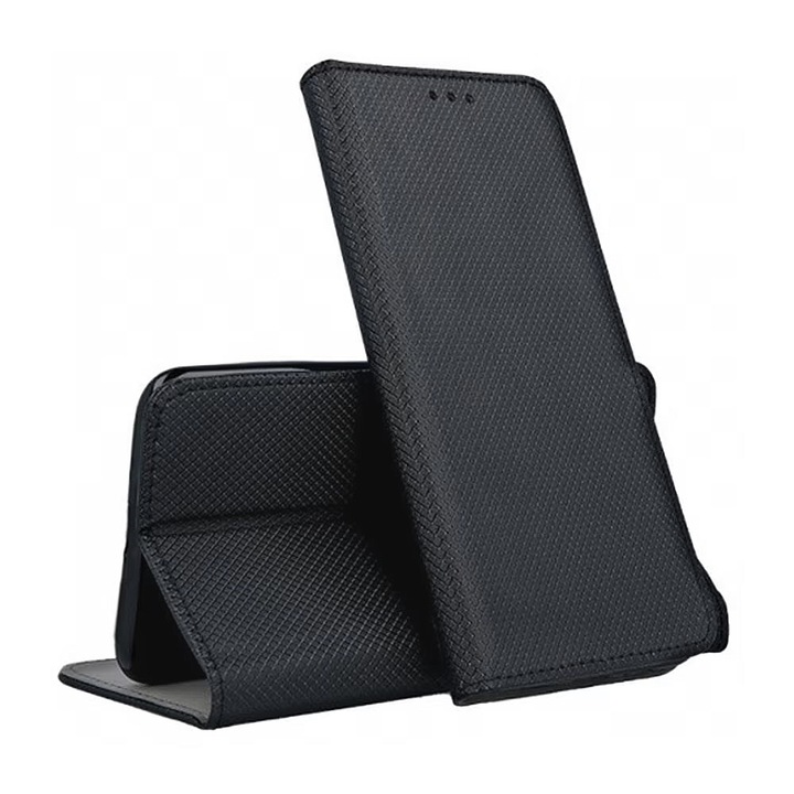 Кожен капак Flip Cover, съвместим с Realme GT2 5G, текстурен дизайн, Optim Protect с магнитно затваряне, Smart Soft Close, тип книга, джоб за портфейл, черен