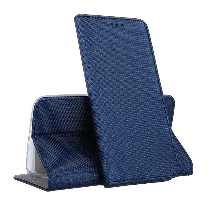 Кожен капак Flip Cover, съвместим с Motorola Moto G8, текстурен дизайн, Optim Protect с магнитно затваряне, Smart Soft Close, тип книга, джоб за портфейл, син
