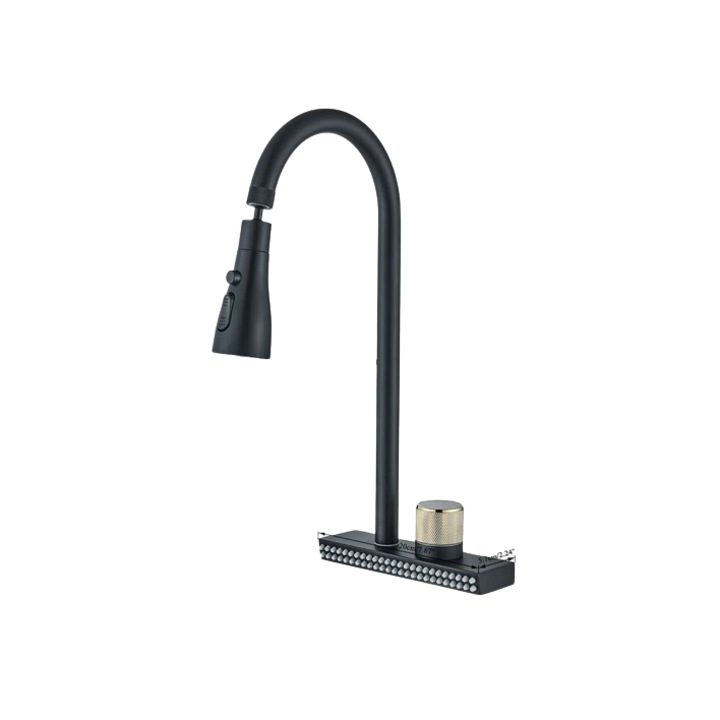 Смесител за кухня с водопадна система, с изтеглящ се душ и 4 режима на воден поток, черен мат, AquaSpa