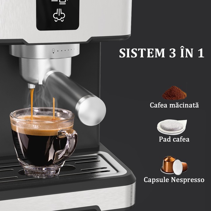Espressor manual deluxe, Sistem 3 in 1 (capsule, cafea macinata, si Pad ...