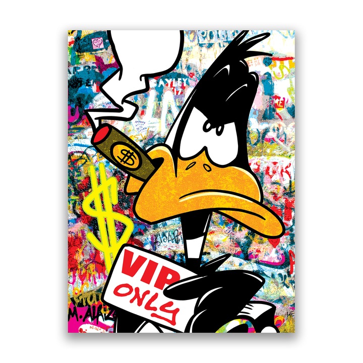 Първокласна картина на платно, LuxCanva® A1042, Daffy Duck, 80 X 100 CM, 100% памучно платно 400g/m2, дървена рамка, анимационни филми, Looney Tunes, долар, VIP, Vibrant Colors