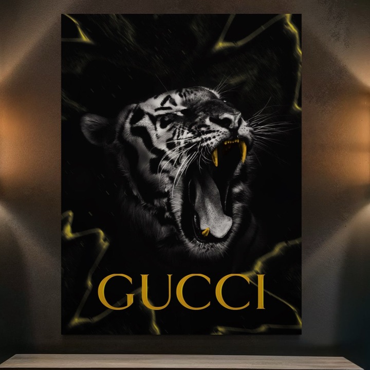 Премиум картина върху платно, LuxCanva® A1044, Gucci Tiger, 100 X 155 CM, 100% памучно платно 400g/m2, дървена рамка, Tiger, марка Lux, мода, ярки цветове
